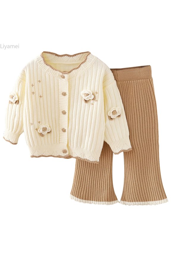 Girls Knit Sweater Outfits 2 Piece Set Casual Winter Fall Spring Toddler Kids Clothes Soft Comfortable Handmade Floral Design Girls Casual Sets Size White 7-8 Years