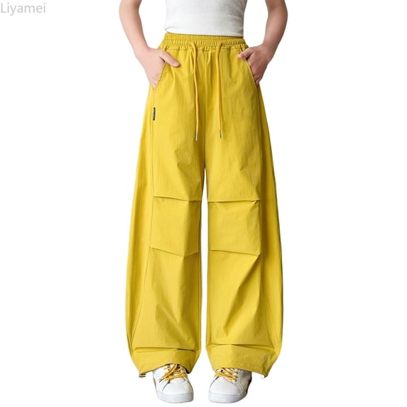 Liyamei Girls Lightweight Cargo Pants with Wide Leg and Draped Pleats for Casual Wear Size 5-16 Years
