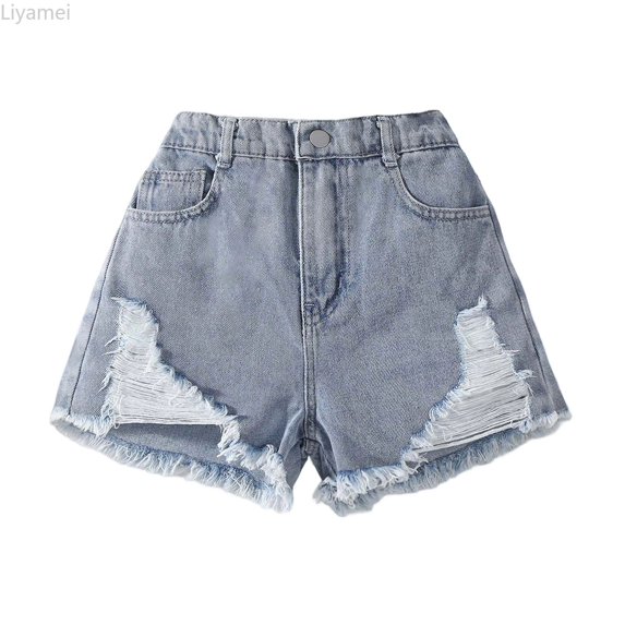 Liyamei Girls Loose Fit Distressed Denim Shorts for Summer Casual Size 7-12,Blue