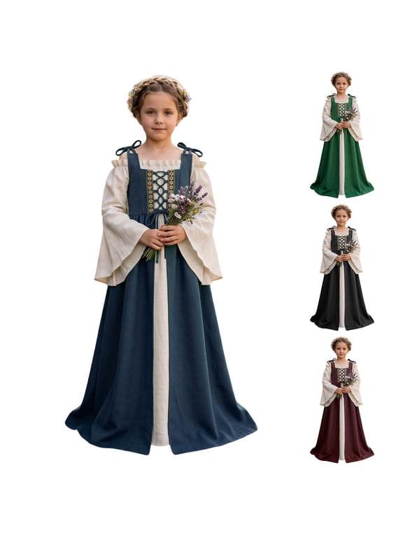 Girls Medieval Court Dress Long Sleeve Off Shoulder Stage Performance Gown 3-10Y