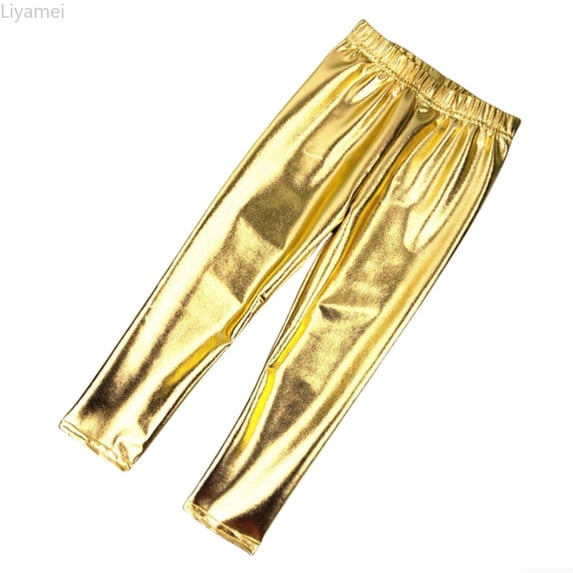 Liyamei Girls Metallic Leggings High Waisted Kids Yoga Pants Stretch Shiny Running Dance Tights for Teen School Workout Size Gold 18-24 Months