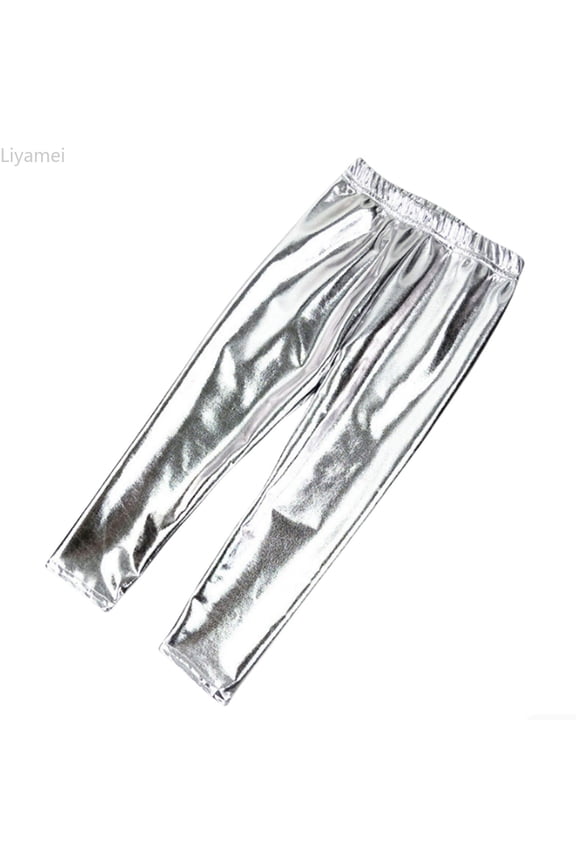 Girls Metallic Leggings High Waisted Kids Yoga Pants Stretch Shiny Running Dance Tights for Teen School Workout Size Silver 18-24 Months