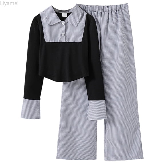 Liyamei Girls' Outfit Spring/Summer Fashionable Color Striped Style Retro Long Sleeved Top And Wide Leg Pants. Suitable For 8 13 Years Old. Girls Casual Sets Size Black 8-9 Years
