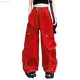 thumbnail image 1 of Liyamei Girls Parachute Pants Kids Wide Leg Cargo Pants Y2K Street Trousers with Pockets Size Red 12-13 Years, 1 of 3
