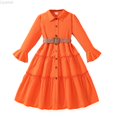 thumbnail image 1 of Liyamei Girls Party Dresses, Kids Long Sleeve Dress, Lapel Shirt Dress with Belt Formal Daily Orange 7-8 Years, 1 of 6