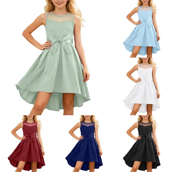 Liyamei Girls Party Dresses, Kids Sleeveless Dress, Satin Mesh Bow Belt Dress Formal Daily Green 5-6 Years