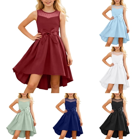 Liyamei Girls Party Dresses, Kids Sleeveless Dress, Satin Mesh Bow Belt Dress Formal Daily Red 5-6 Years