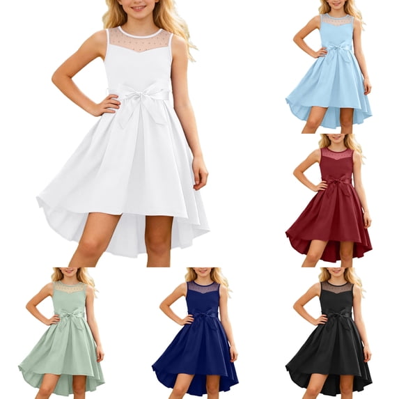 Liyamei Girls Party Dresses, Kids Sleeveless Dress, Satin Mesh Bow Belt Dress Formal Daily White 9-10 Years