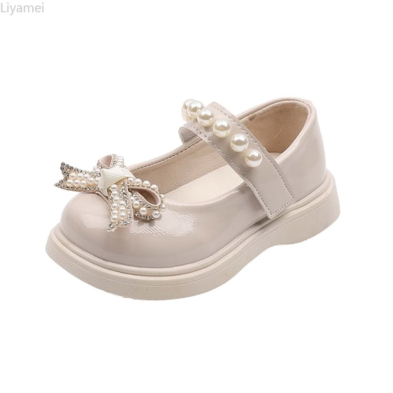 Liyamei Girls Sandals Children Shoes Pearl Bow Tie Hook Loop Princess Shoes Dance Shoes Girls Dress Sandals Size Beige 12-15 Months