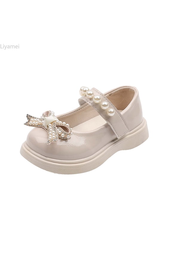 Girls Sandals Children Shoes Pearl Bow Tie Hook Loop Princess Shoes Dance Shoes Girls Dress Sandals Size Beige 12-15 Months
