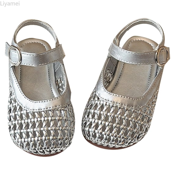 Liyamei Girls Sandals For Toddler And Kids Summer Breathable Weaved Mary Jane Shoes Casual Hollow Out Design Comfortable Daily Wear Girls Dress Sandals Size Silver 2-2.5 Years