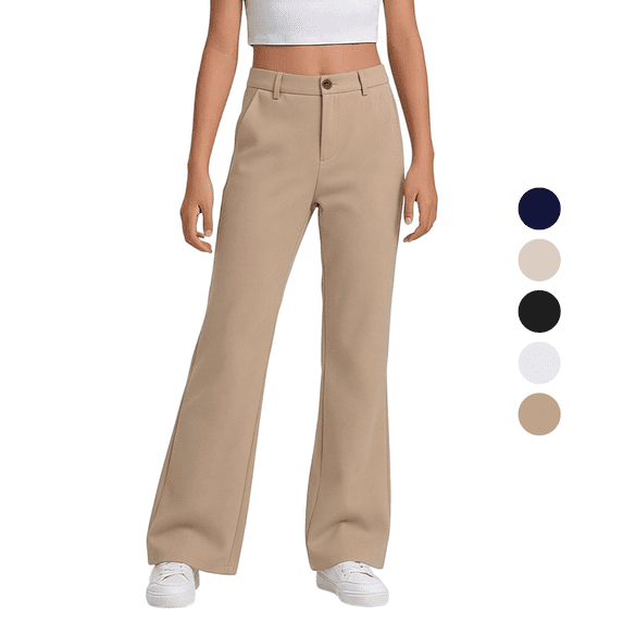 Liyamei Girls School Uniform Pants Elastic Waist Twill Bootcut Trousers Everyday Wear for 5-16 Years