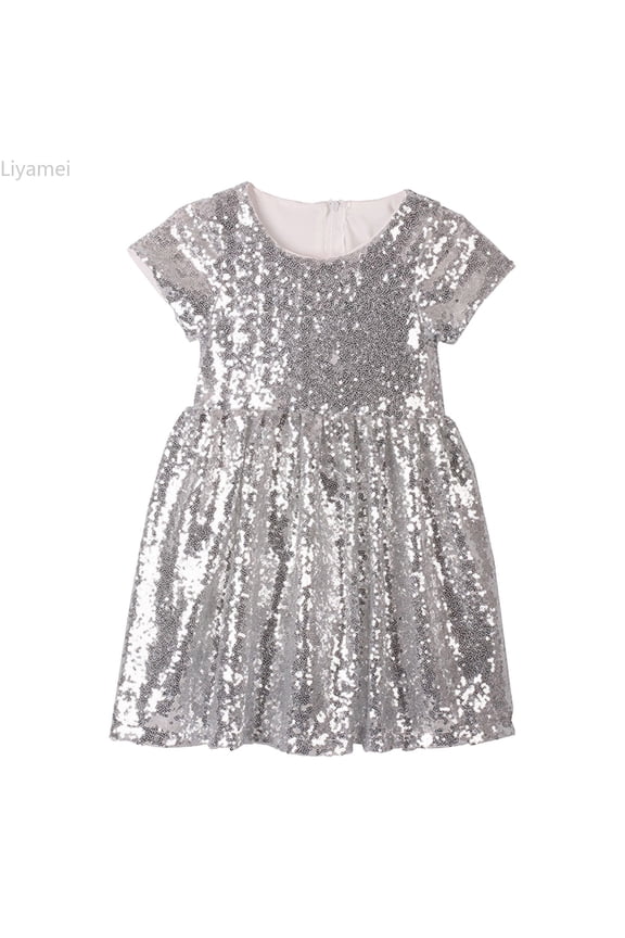 Girls Sequin Dress Party Solid Toddler Baby Princess Dresses Little Girls Short Sleeve Wedding Gown 4 Y