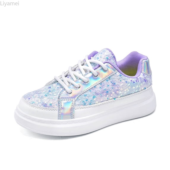 Liyamei Girls Sneakers For Everyday Wear Soft Sole Casual Shoes With Glitter Paneling For Kids Size 11