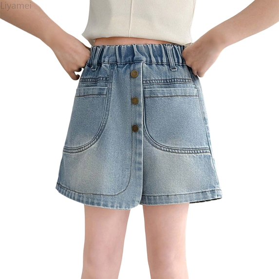 Liyamei Girls Stretch Denim Shorts with High Waist for Summer Play Size 6-15,Blue