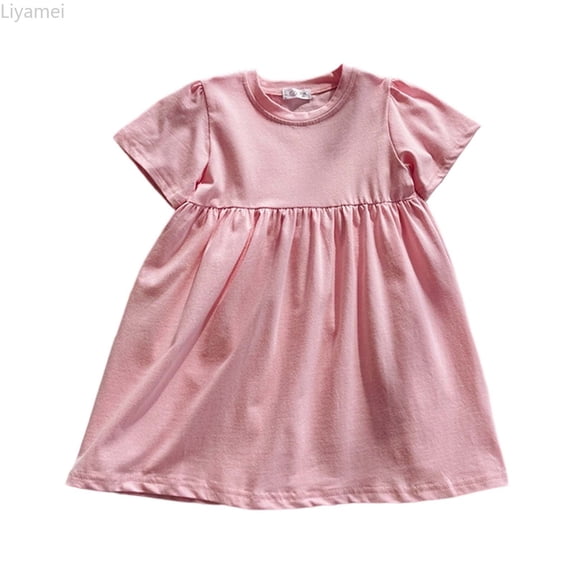 Liyamei Girls Summer Casual Dress Solid Color Elastic Waist Comfortable Play Outfit Toddler To Kids Age 2 11 Lightweight Breathable Daily Wear Girls Casual Dresses 2-3 Years