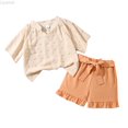 thumbnail image 1 of Liyamei Girls' Summer Casual Outfit – V Neck T Shirt & Shorts Set Breathable Playwear For Tweens Trendy Solid Color Matching Clothes Girls Casual Sets Size Beige 9-10 Years, 1 of 5