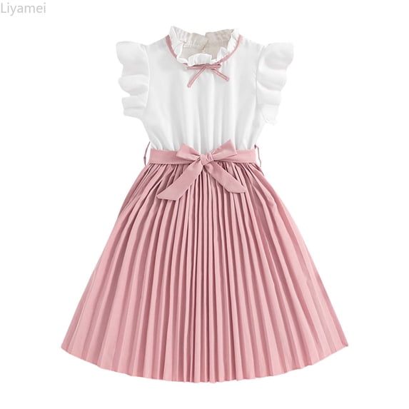 Liyamei Girls Summer Dress With Ruffled Sleeves Color Block Pleated Design Toddler To Big Kid Dress Girls Summer Dresses 8 Years