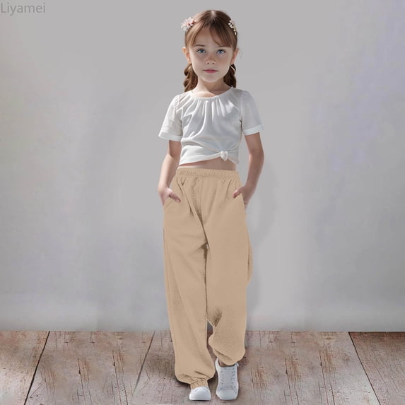 Liyamei Girls Sweatpants Kids Cotton Joggers Athletic Pants with Pockets for Girls Size Yellow 13-14 Years