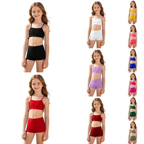Liyamei Girls Swimsuits, Kids Two Piece Swimsuit, Solid Color Lightweight Bathing Suit for Summer Beach Green 5-6 Years