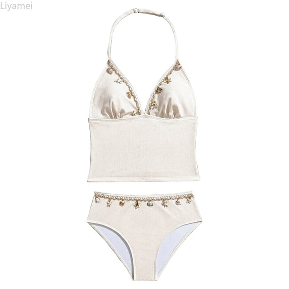 Liyamei Girls Swimsuits, Kids Two Piece Swimsuit, Triangle Top Bikini with Neck Design for Beach Pool Party Beige 13-14 Years