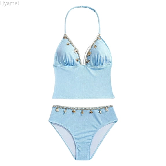 Liyamei Girls Swimsuits, Kids Two Piece Swimsuit, Triangle Top Bikini with Neck Design for Beach Pool Party Blue 15-16 Years