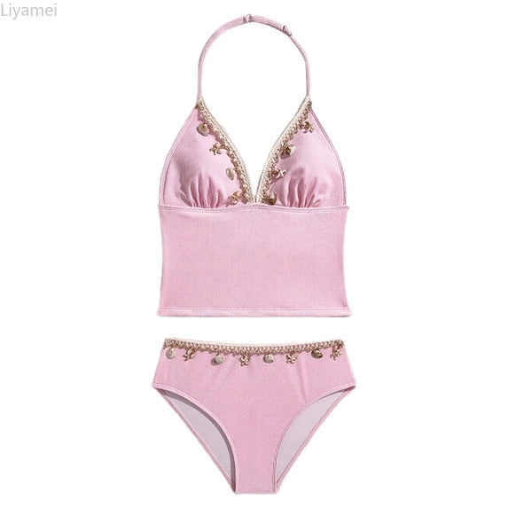 Liyamei Girls Swimsuits, Kids Two Piece Swimsuit, Triangle Top Bikini with Neck Design for Beach Pool Party Pink 16-17 Years