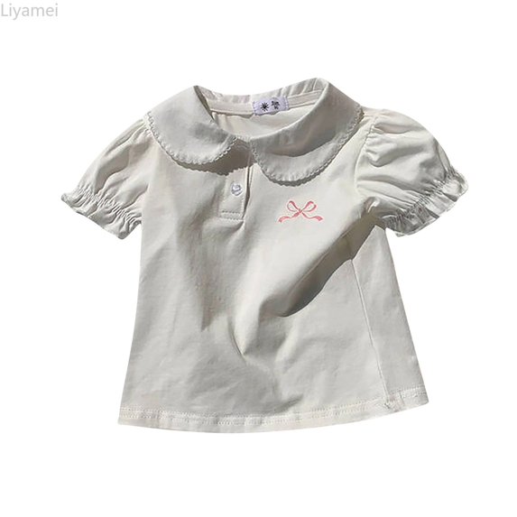 Liyamei Girls Tops, Kids Summer Blouse, Short Sleeve with Bow and Lapel Collar Cute for Toddler White Size 3-4 Years