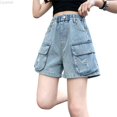 thumbnail image 1 of Liyamei Girls Utility Denim Shorts with Elastic Waist for Summer Everyday Size 2-14,Blue, 1 of 6
