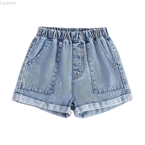 Liyamei Girls Washed Denim Shorts with Straight Leg for Summer Casual Size 7-12,Blue