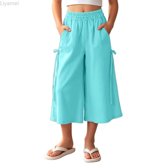 Liyamei Girls Wide Leg Pants with Ice Silk and Loose Fit for Summer Casual Wear Size 5-15 Years