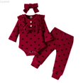 thumbnail image 1 of Liyamei Baby Girls Two-piece Suit Heart Print Ribbed Bow Romper Tops+ Pants Headband Outfits Clothes 3PCS Set Girls 2 Piece Set Size 0-3 Months, 1 of 3