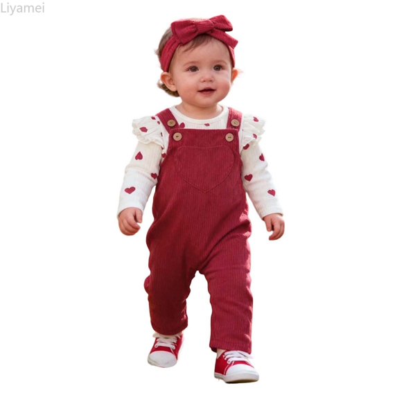 Liyamei Girls Long Sleeve Heart Prints Ribbed Romper Bodysuit Suspender Pants Outfits Toddler Girl 2-Piece Sets Size Red 0-3 Months