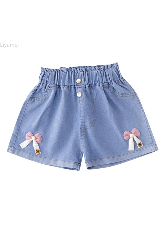 Kids Girls Summer Denim Shorts Elastic Waistband Flower Embroidery Jeans Girls Denim Shorts Size 3-4 Years