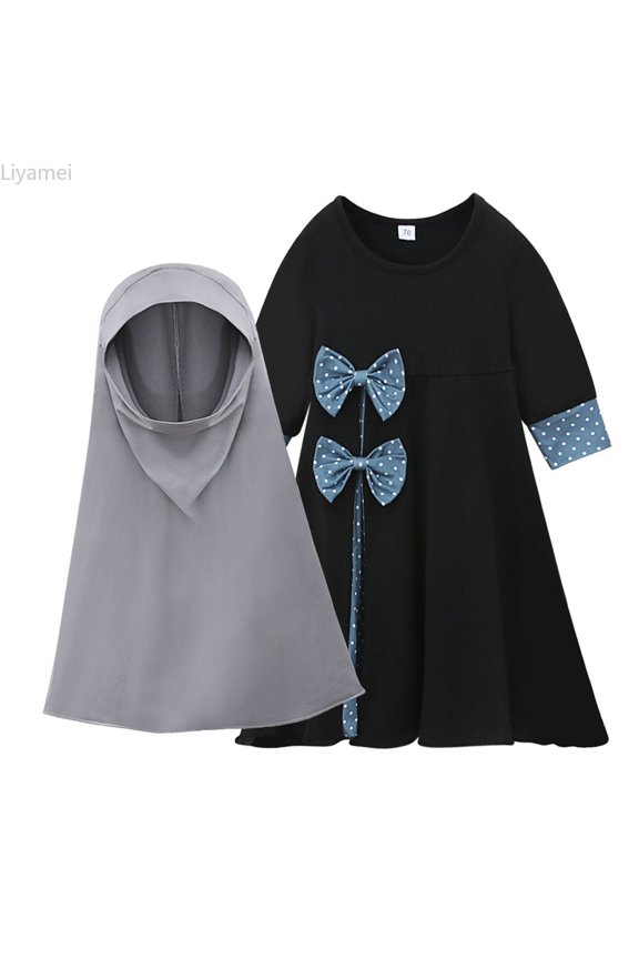 Baby Girls' Ramadan Abaya With Hijab Full Length Robe Burka Maxi Little Kid Toddler Baby Girl Dresses Spring Floral Dress Sets Size Black 2-3 Years