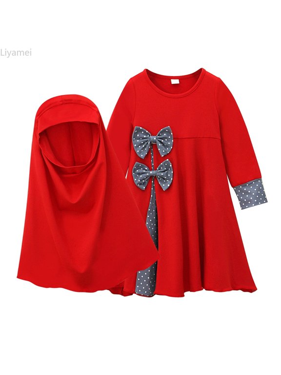 Baby Girls' Ramadan Abaya With Hijab Full Length Robe Burka Maxi Little Kid Toddler Baby Girl Dresses Spring Floral Dress Sets Size Red 12-24 Months