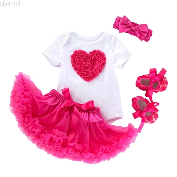 Liyamei Baby Girls Heart Embroidery Short Sleeve Romper Bodysuit Tutu Tulle Skirt Headband Socks Shoes Valentine's Day Outfit Set Girls Casual Sets Size Pink 0-3 Months