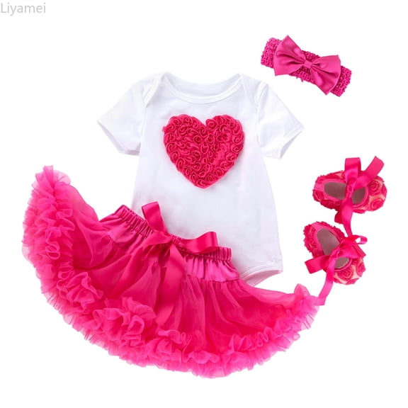 Liyamei Baby Girls Heart Embroidery Short Sleeve Romper Bodysuit Tutu Tulle Skirt Headband Socks Shoes Valentine's Day Outfit Set Girls Casual Sets Size Pink 0-3 Months