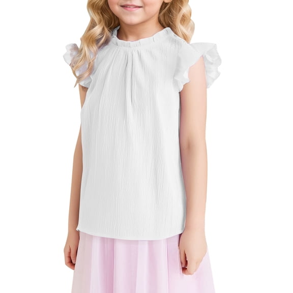 Liyamei Solid Color Ruffled Short Sleeve Fashion Casual Cute Girl Ruffled Neck Pleated Texture Shirt Girls Plus Size Tops Size 11-12 Years