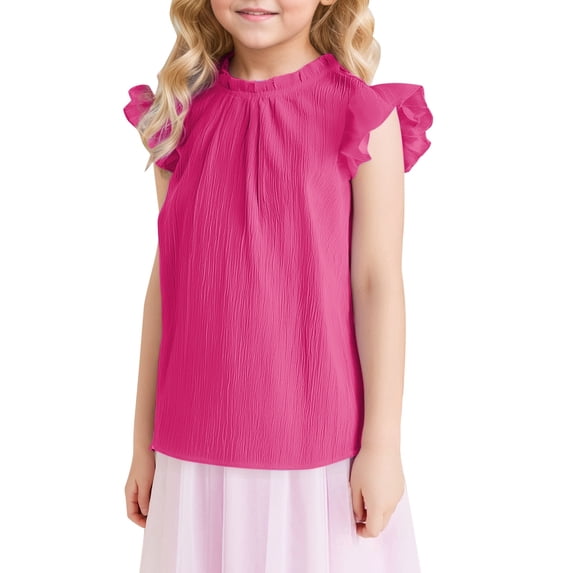 Liyamei Solid Color Ruffled Short Sleeve Fashion Casual Cute Girl Ruffled Neck Pleated Texture Shirt Girls Plus Size Tops Size 5-6 Years