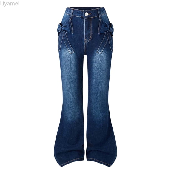 Liyamei Stretch Flared Denim Pants For Girls With Elegant 3D Bow Design Comfortable Trousers For Juniors Casual Wear And School Outfits Size 8-9 Years