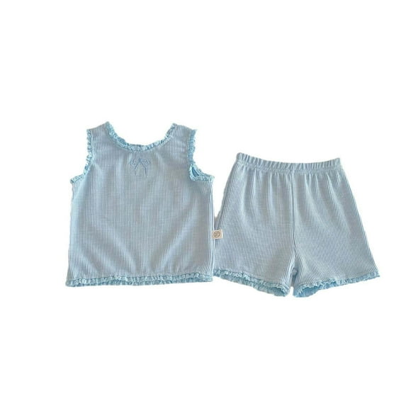Liyamei Summer Girls' And Boys' Baby Pure Color Round Neck Lace Trimmed Sleeveless Top And Shorts Set Girls Casual Sets Size Blue 6-12 Months