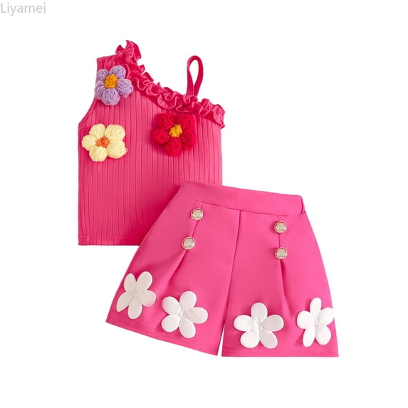 Liyamei Summer Toddler Girls Sleeveless Vest T Shirt Tops Floral Skirt Shorts Outfits Girls Casual Sets Size Pink 12-18 Months