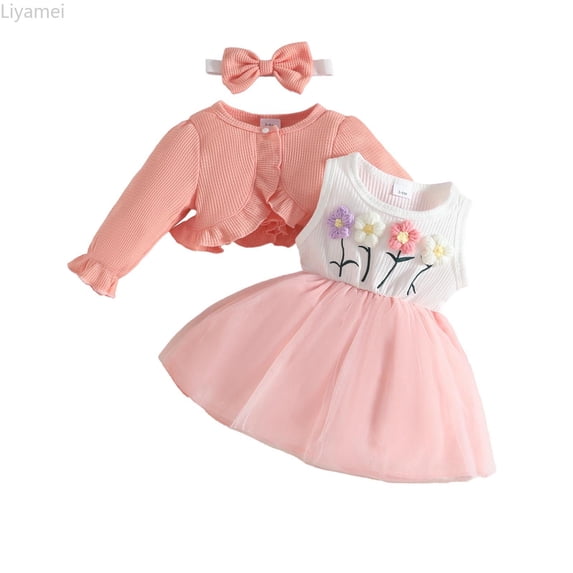 Liyamei Toddler Girls Floral Dress Long Sleeve Ruffles Coat Tops Headbands Outfits Spring Floral Dress Sets Size Pink 9-12 Months