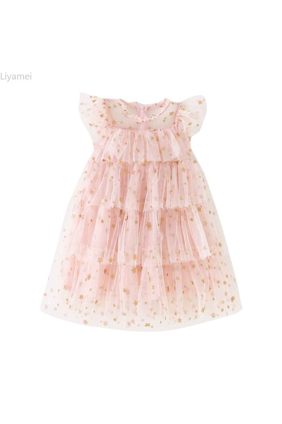 Toddler Girls Fly Sleeve Star Dress Dance Party Ruffles Dresses Clothes Girls Dresses 3-4 Years