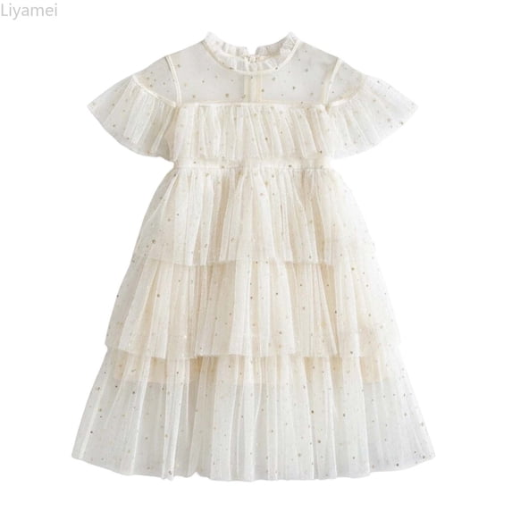 Liyamei Toddler Girls Fly Sleeve Star Moon Sequin Dress Dance Party Ruffles Dresses Clothes Girls Dresses 2-3 Years