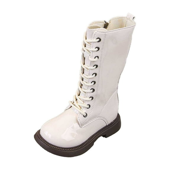 Liyamei Toddler Girls Knee High Combat Boots Lace Up Ankle Boots White Shoes for Kids Size 9