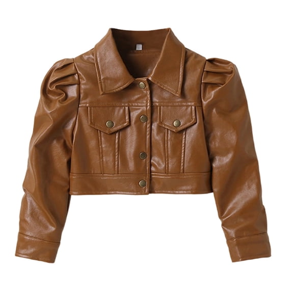 Liyamei Toddler Girls Motorcycle Jackets PU Leather Coat Turn Down Collar Long Sleeve Crop Outerwear Coats Girls Winter Coat Size 7-8 Years