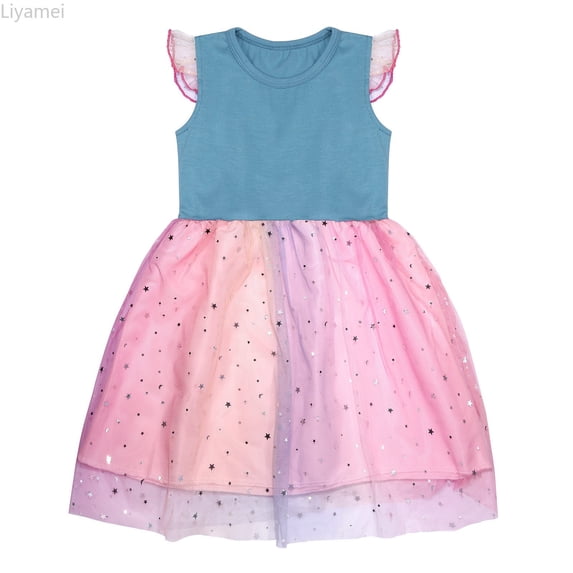 Liyamei Toddler Kids Baby Girls Dress Short Sleeve Rainbow Tulle Dress Birthday Party Princess Dresses Tutu Skirt Girls Summer Dresses 2-3 Years