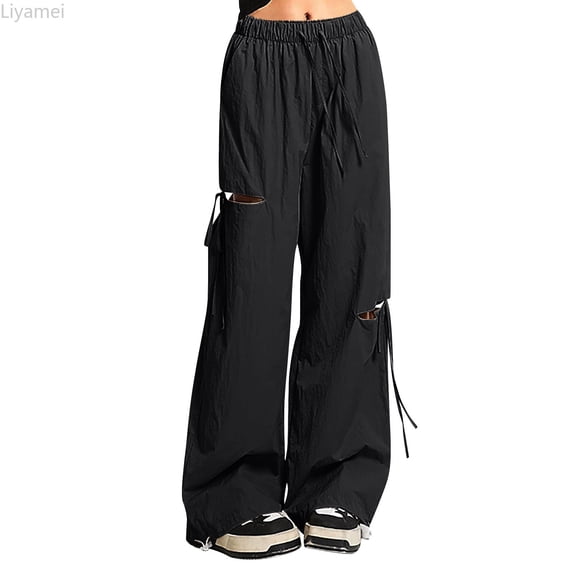 Liyamei Trendy Girls Pants Asymmetric Distressed Wide Leg High Waist Loose Fit Cargo Pants For Teen Girls Casual Outdoor Girls Cargo Pants Size Black 15-16 years